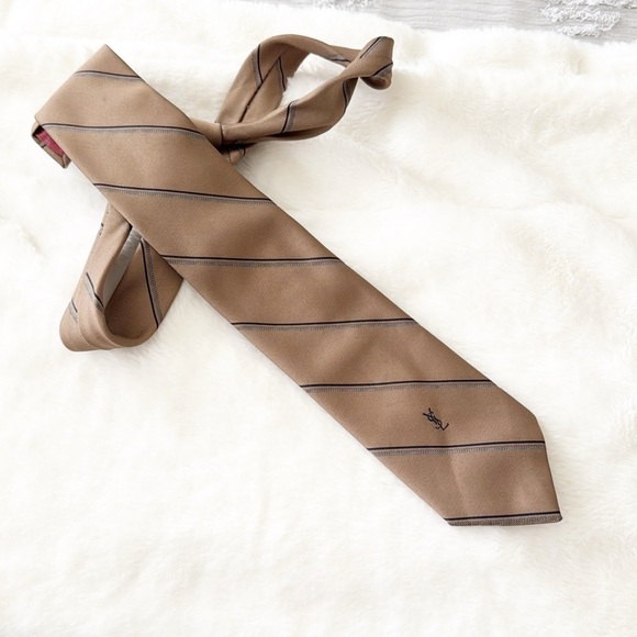 Vintage YSL 100% Silk tan Monogram Striped Tie - Picture 1 of 5